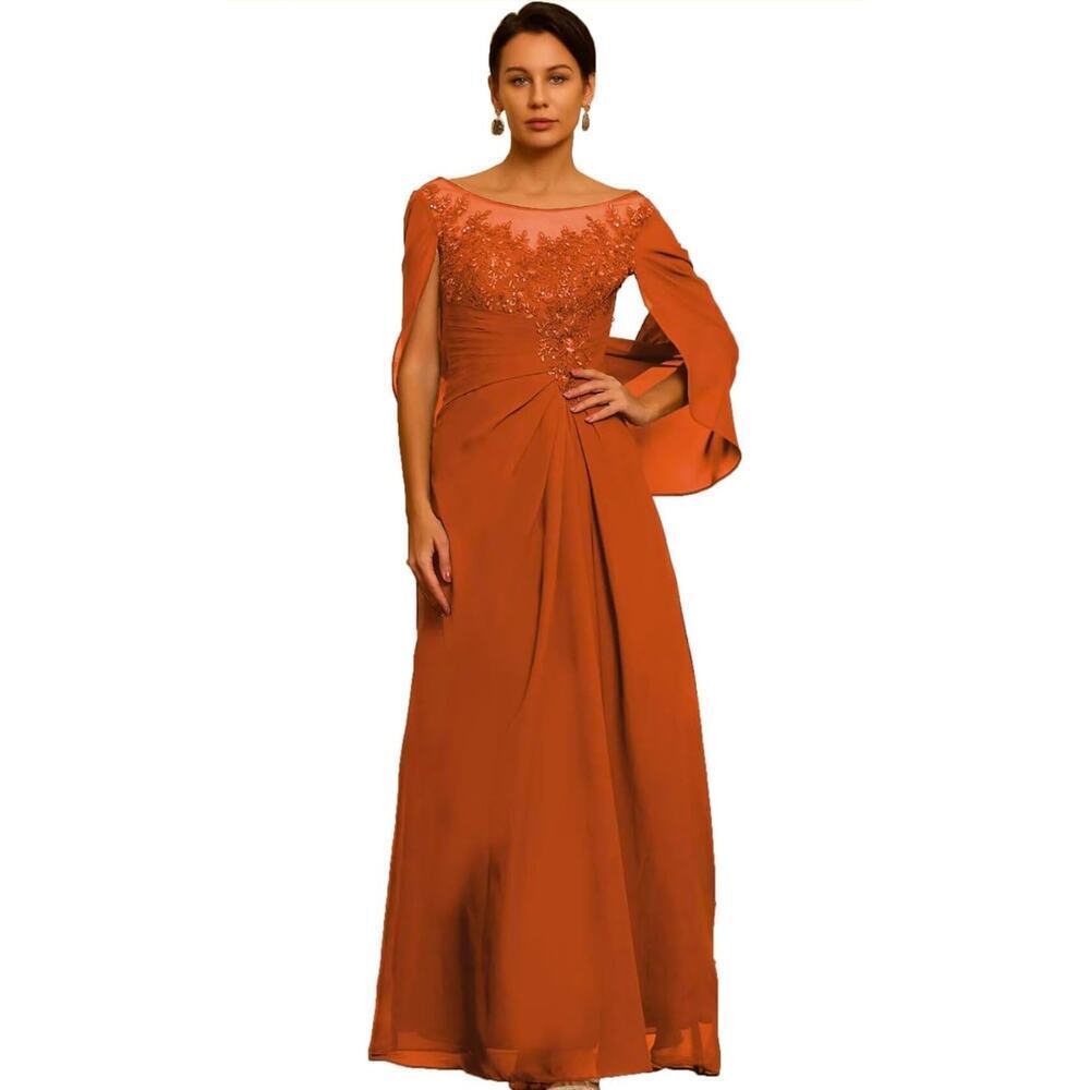 Cape sleeve lace applique pleated waist burnt orange dress Sz 12 formal wedding